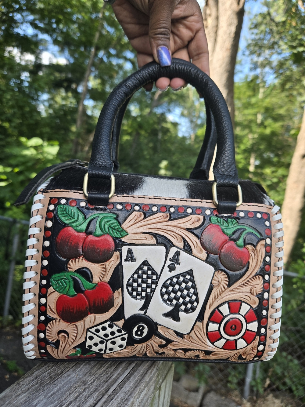Hand-Tooled Leather Handbag with Playing Card and Cherry Design - Black